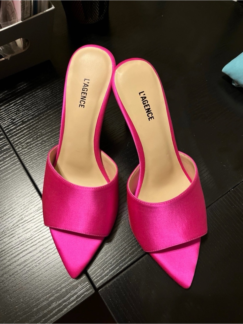 L'AGENCE Hot Pink Satin Pointed-Toe Slide Mules